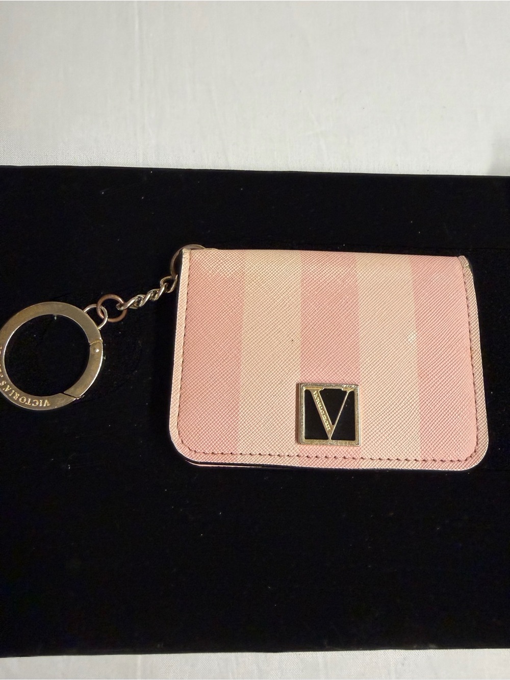 Victoria's Secret Pink Striped Card Key Holder with Gold V Logo